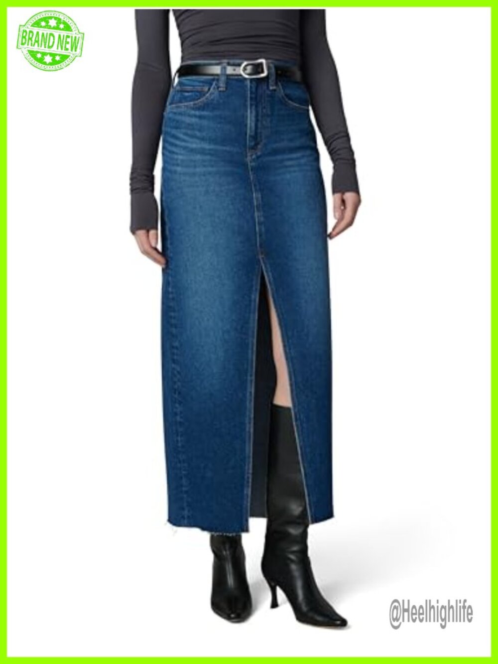 High Rise Maxi Denim Skirt with Front Slit Raw Hem